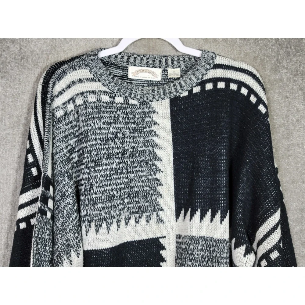Vintage Marquis Sweater Mens Size 2X Black White Acrylic Drop Shoulder Crew Neck